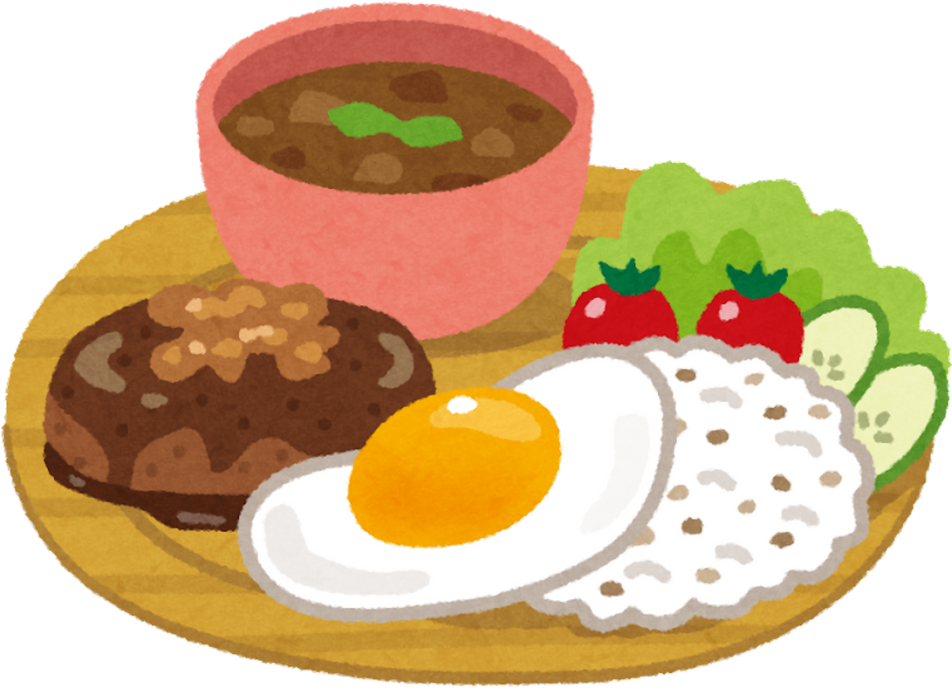 Illustration of a One Plate Meal with Rice, Salad, Soup, and Fried Egg